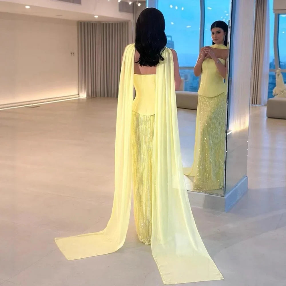 Abito da sera sirena in chiffon giallo lusso con mantella LA73007