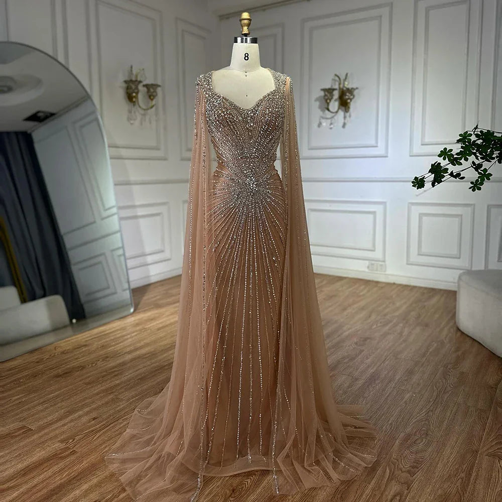 Vestido de Noite de Luxo de Dubai com Manguitos Tipo Capa Nude e Aplicações de Missangas LA72575A