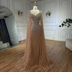 Vestido de Noite de Luxo de Dubai com Manguitos Tipo Capa Nude e Aplicações de Missangas LA72575A