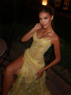 Cathy Customized Yellow Mermaid Lace Embroidery Prom Dresses Sequins Sleeveless vestidos de noiva Side High Split Formal