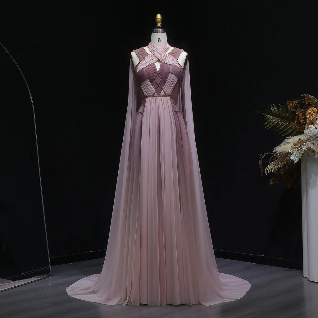 Sharon disse ombre rosa elegante vestido de noite com manga capa criss cross halter sem costas vestidos de festa femininos ss309 personalizado
