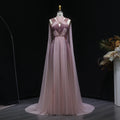Sharon disse ombre rosa elegante vestido de noite com manga capa criss cross halter sem costas vestidos de festa femininos ss309 personalizado