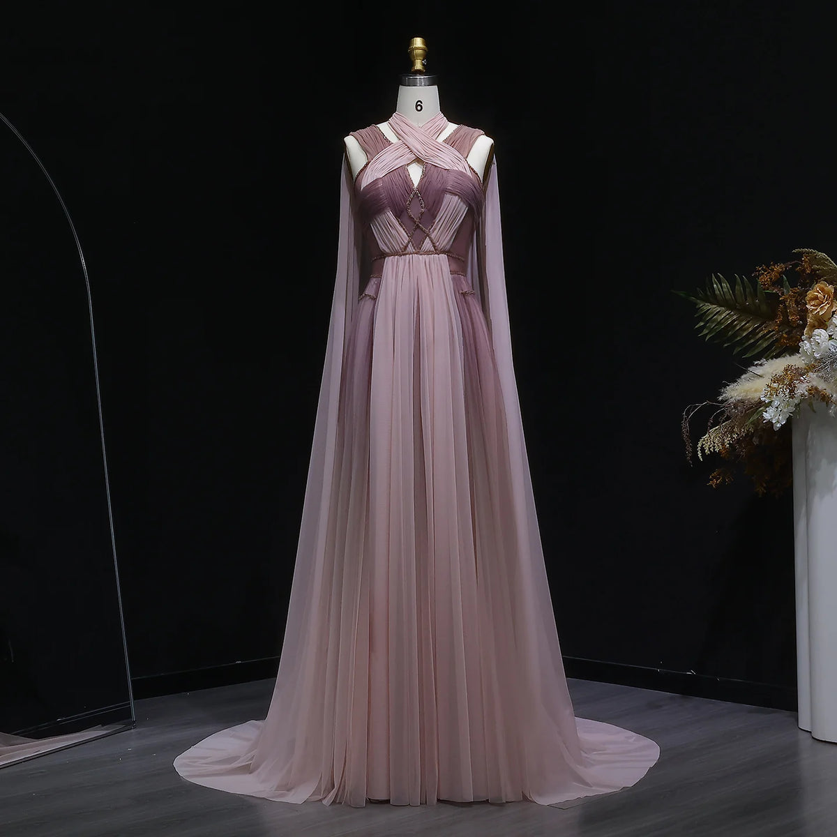 Sharon disse ombre rosa elegante vestido de noite com manga capa criss cross halter sem costas vestidos de festa femininos ss309 personalizado