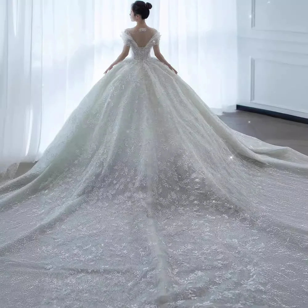 2025 Princess Sexy Luxury Crystal Beaded Wedding Dress Puff Tulle White Gown Bride Pregnant Women's High-end Gown with T