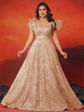 BLUEPLUM Plus Size Luxury V-Neck Grey Sequins Evening Dress Women Elegant V-back Wedding Party Long Prom Cocktail Dress 