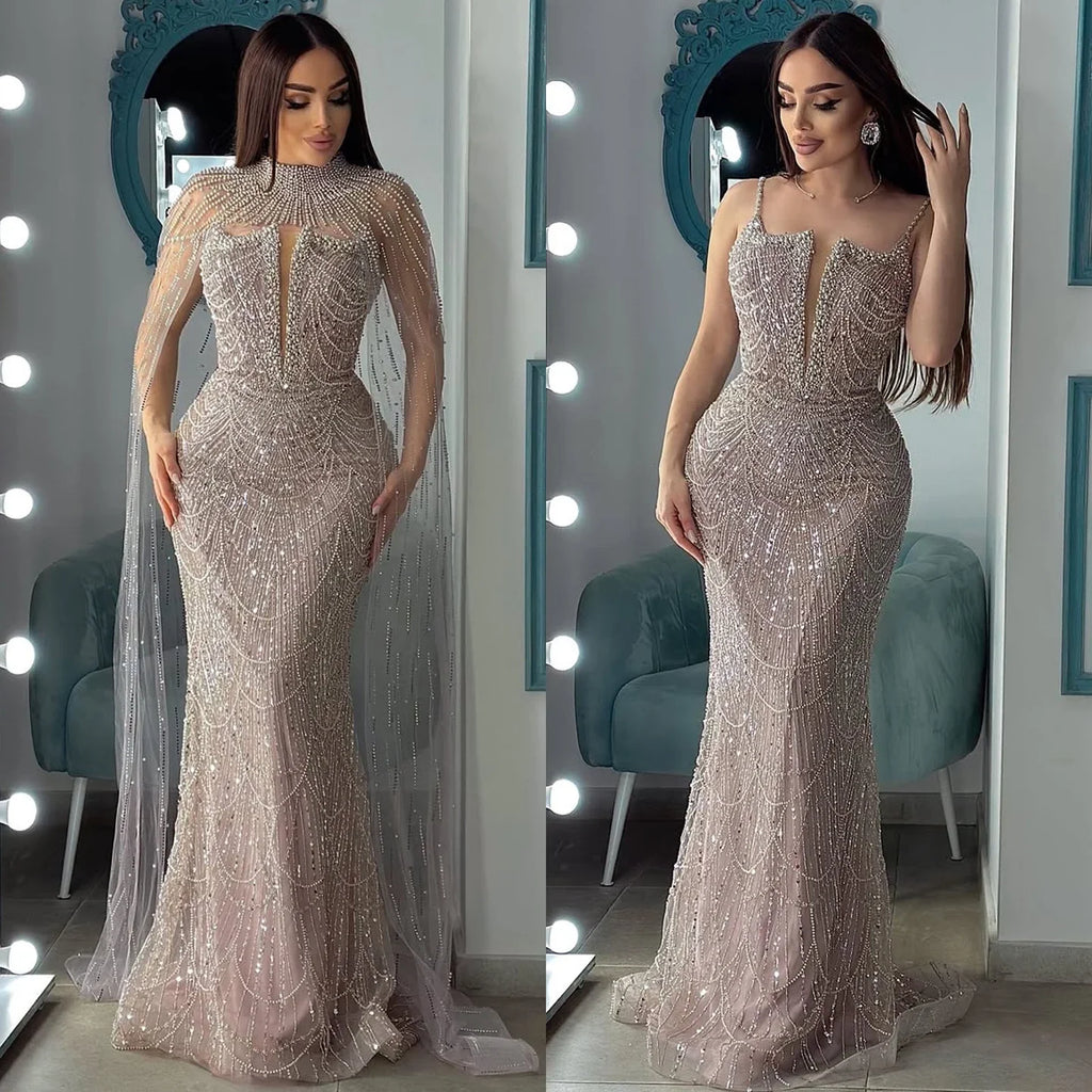 Robe de soirée de luxe en perles couleur nude avec traîne en tulle LA72189A