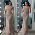 Robe de soirée de luxe en perles couleur nude avec traîne en tulle LA72189A