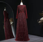Contessa Custom formal gown elegant beaded tulle evening dress long sleeve boat neck floor length A line glam sparkly pr