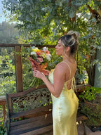 Vestido amarillo sencillo para fiesta con abertura, vestido de noche sensual Y1616