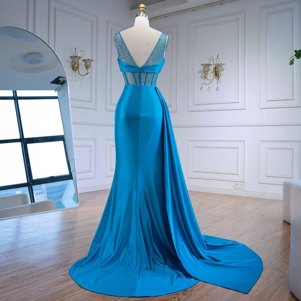 Blue Prom Dress with Side Overskirt Spaghetti Straps LA73011