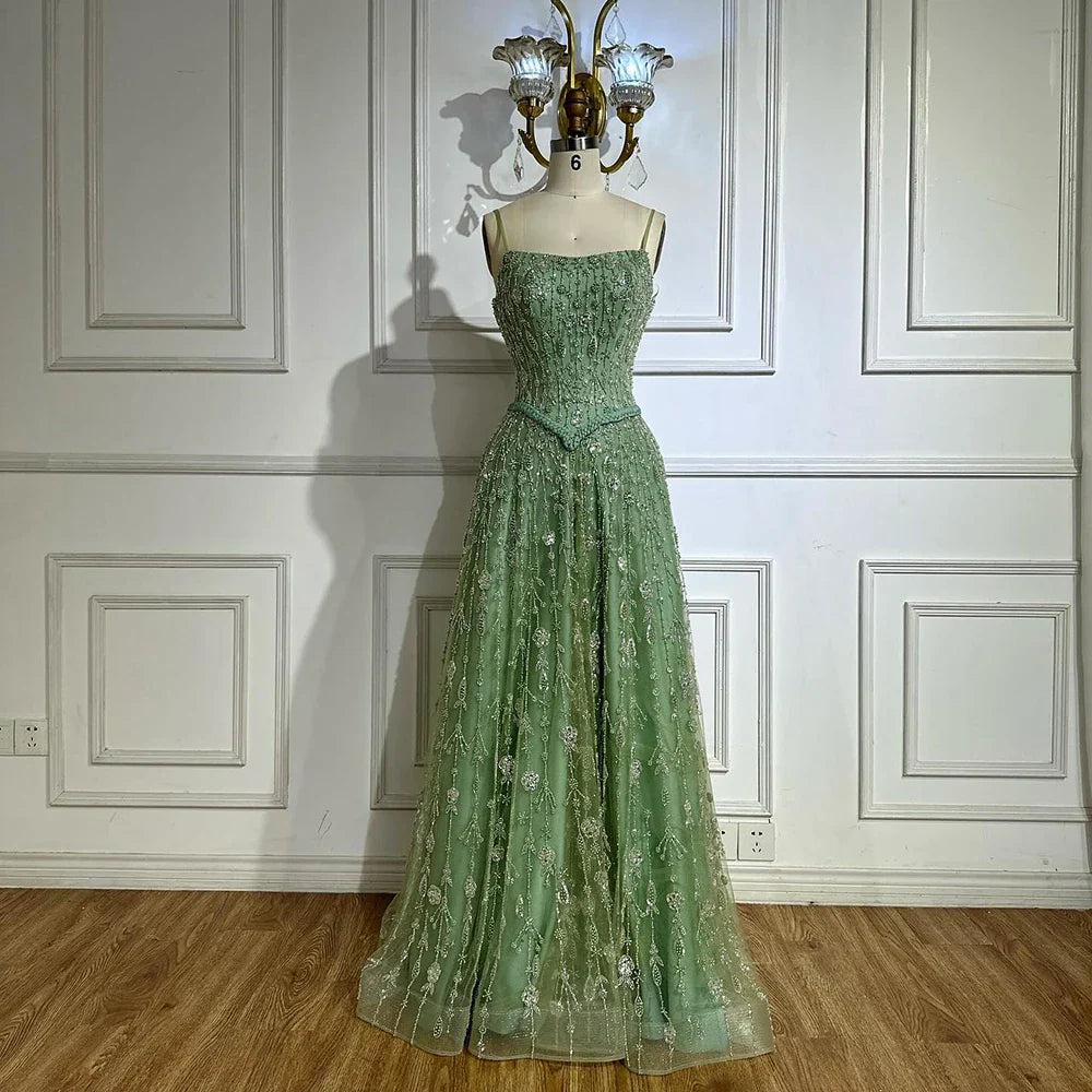 Vestido de noche lujoso verde salvia con cuentas, corte en línea A y tirantes finos LA72805