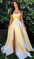Strapless Corset Prom Dresses for Women with Slit Long Satin Formal Evening Gowns with Pockets Elegant Sleeveless Party Dress
