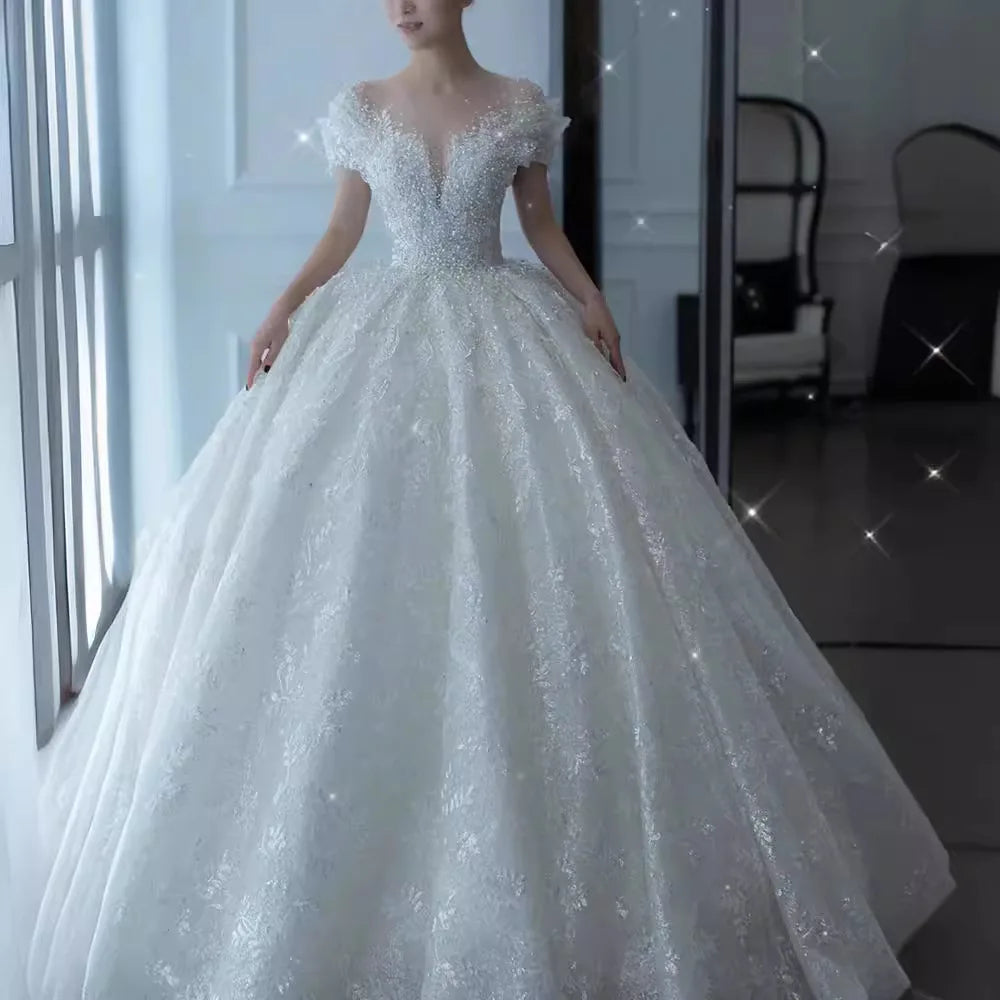 2025 Princess Sexy Luxury Crystal Beaded Wedding Dress Puff Tulle White Gown Bride Pregnant Women's High-end Gown with T