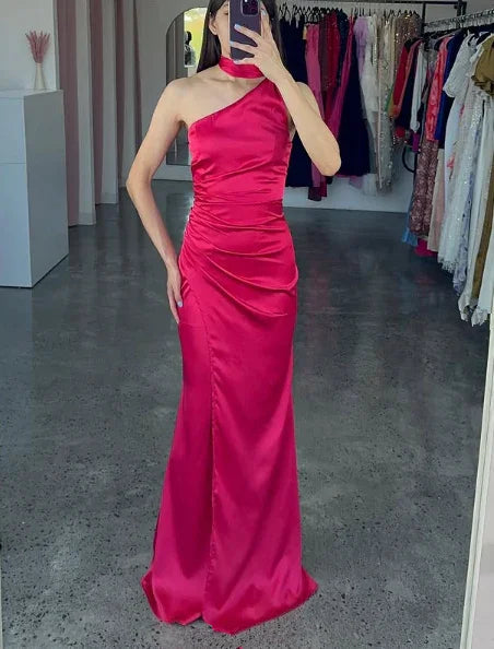 Vestido de Festa Longo Elegante em Cetim Rosa Choque com Um Ombro Só Modelo Y8419