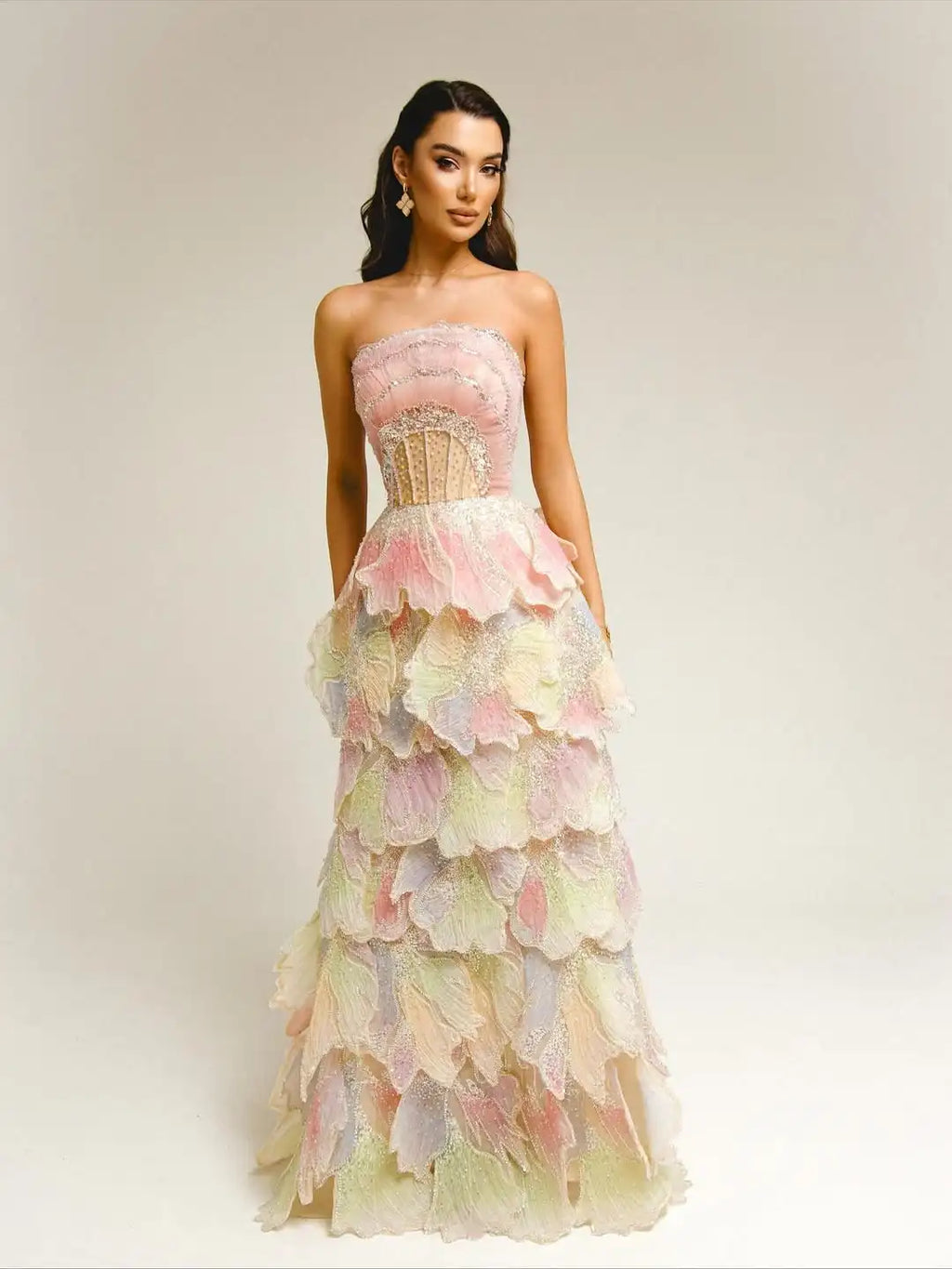 Ofherown Shiny Sequins Tiered Ruffles Evening Dresses A-Line Strapless Prom Gown vestidos de fiesta for Wedding Party Customized