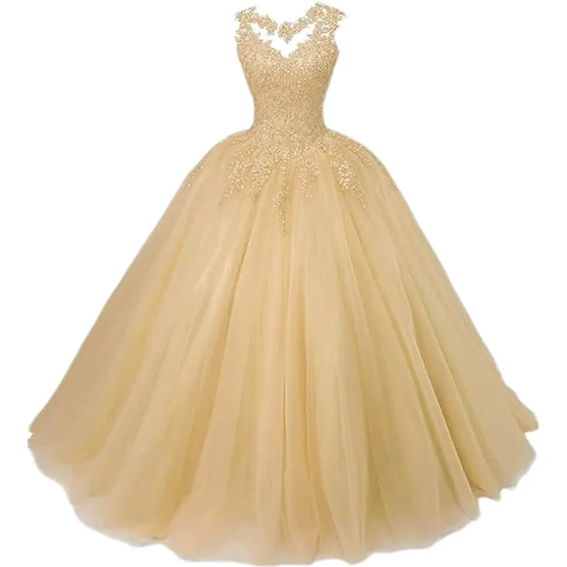Customized Women's Beaded Lace Appliques Prom Dress Long Ball Gown Quinceanera Dresses Tulle Formal Sweet 16 Dress for T
