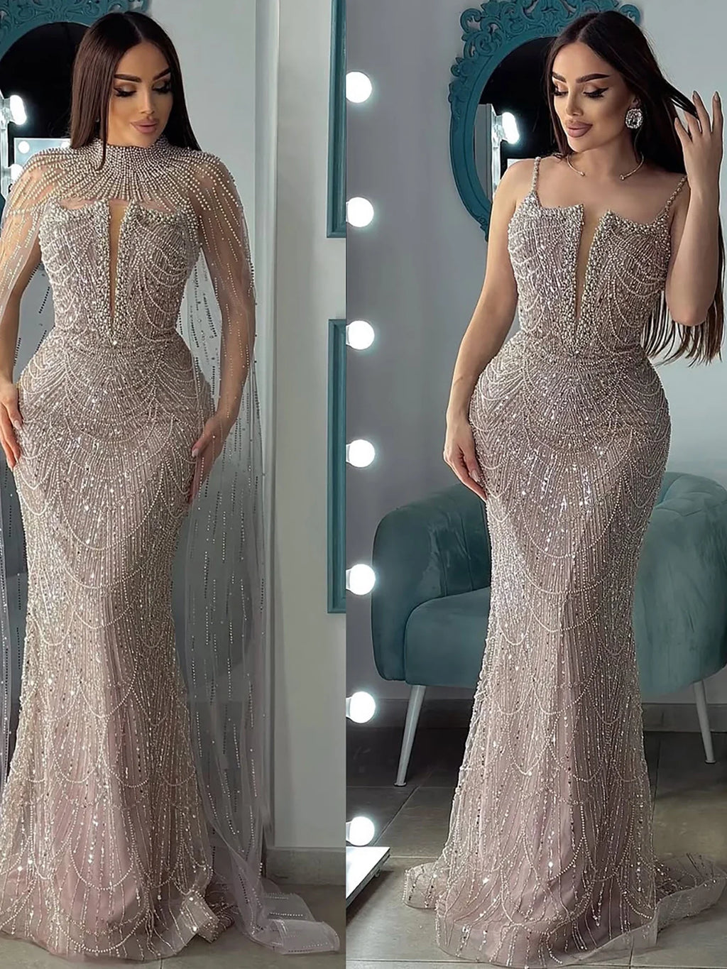 Robe de soirée de luxe en perles couleur nude avec traîne en tulle LA72189A