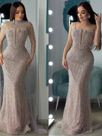 Robe de soirée de luxe en perles couleur nude avec traîne en tulle LA72189A
