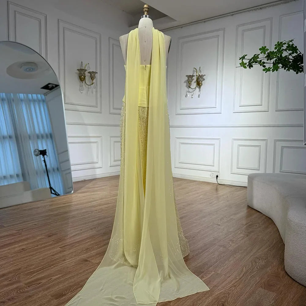 Abito da sera sirena in chiffon giallo lusso con mantella LA73007