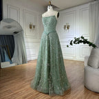 Vestido de noche lujoso verde salvia con cuentas, corte en línea A y tirantes finos LA72805