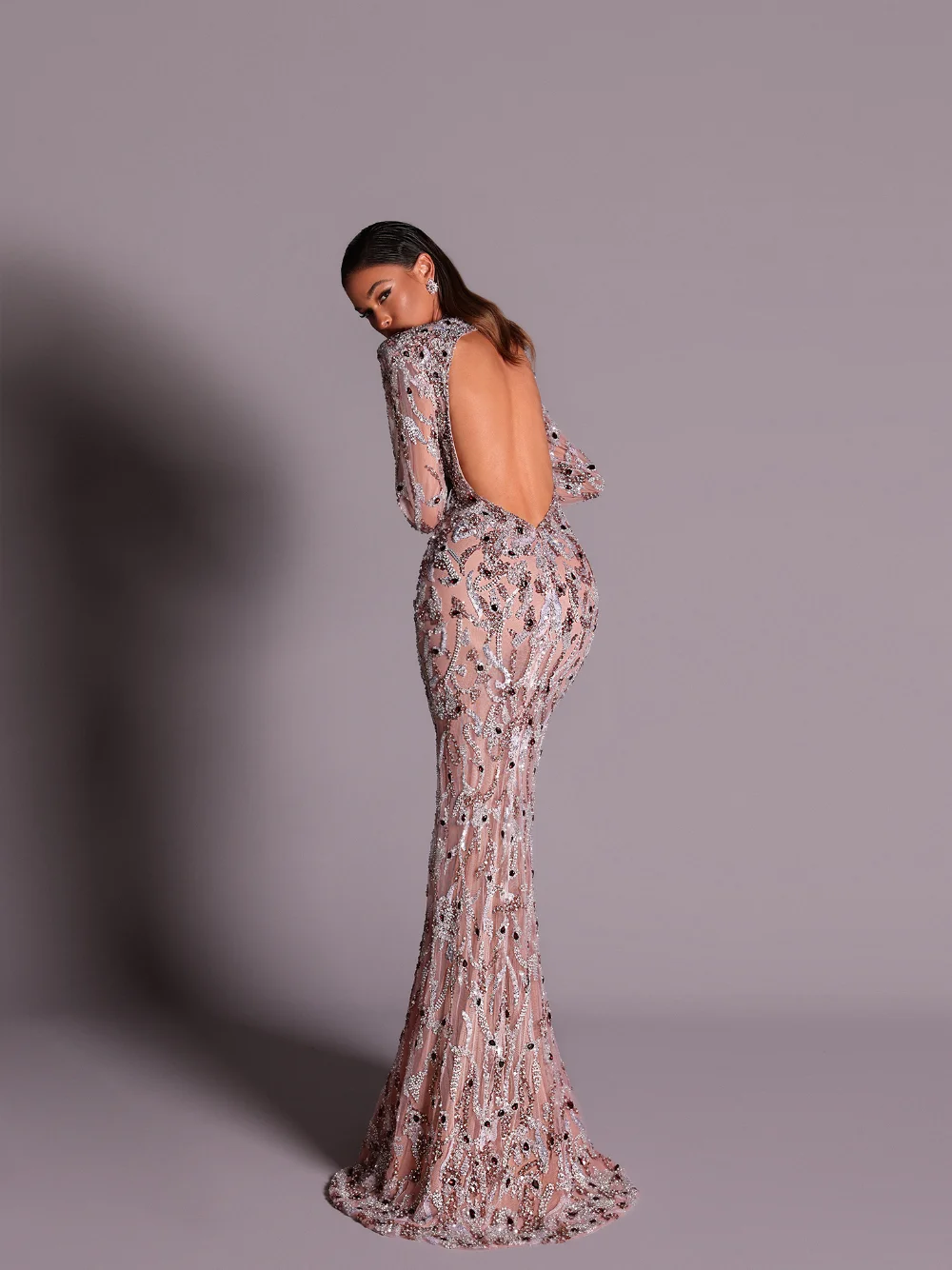 Sexy aberto volta frisado vestido de noite delicado alta pescoço manga comprida sereia chique vestido de cocktail com luxo beadwork personalizado