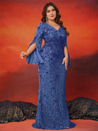 BLUEPLUM Plus Size Luxury Blue Evening Dresses Women 2025 Long Sleeve Mermaid Formal Sequins Prom Wedding Party Cocktail
