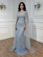 Robe de soirée luxueuse diamant bleu avec cape LA73426