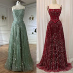 Vestido de noche lujoso verde salvia con cuentas, corte en línea A y tirantes finos LA72805