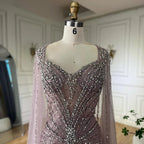Vestido de Noite de Luxo de Dubai com Manguitos Tipo Capa Nude e Aplicações de Missangas LA72575A