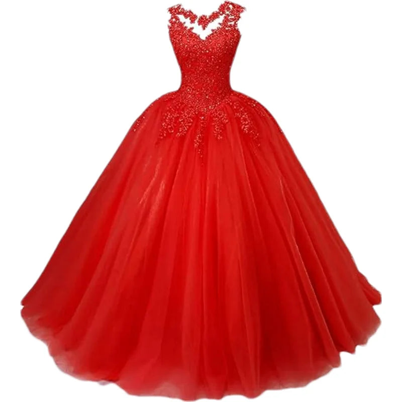 Customized Women's Beaded Lace Appliques Prom Dress Long Ball Gown Quinceanera Dresses Tulle Formal Sweet 16 Dress for T