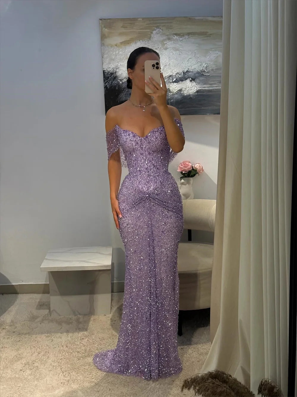 Cathy Customized Purple Luxury Rhinestones Mermaid Prom Dress Off The Shoulder vestidos de noiva Floor-length Formal Eve