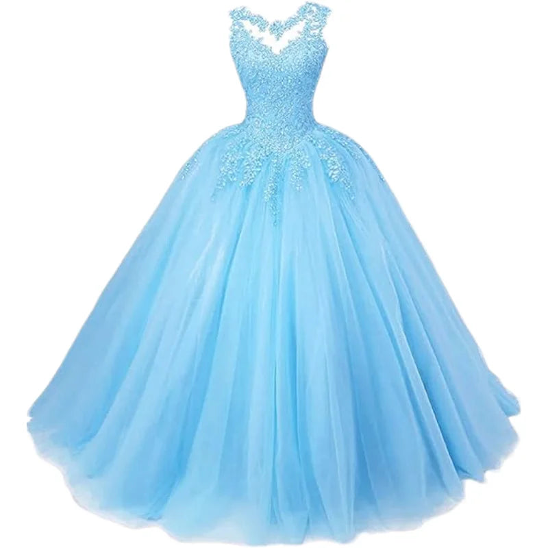 Customized Women's Beaded Lace Appliques Prom Dress Long Ball Gown Quinceanera Dresses Tulle Formal Sweet 16 Dress for T