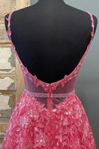 A Line V Neck Beaded Hot Pink Lace Long Prom Dress, Hot Pink Lace Formal Graduation Evening Dress Y216