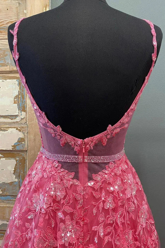 A Line V Neck Beaded Hot Pink Lace Long Prom Dress, Hot Pink Lace Formal Graduation Evening Dress Y216