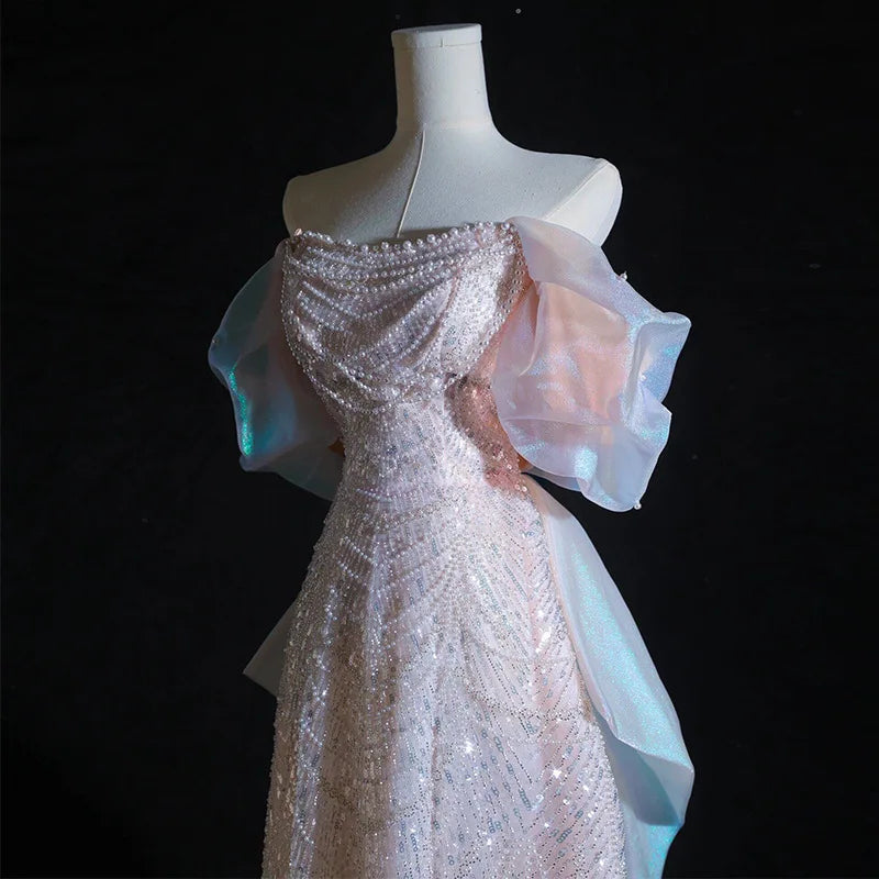 Luxuriöse elegante Perlenbesetzte Abendkleider 2025 Neue Schulter Pailletten Fischschwanzkleid Abschlussballkleid Hochzeitskleid Verlobungskleid