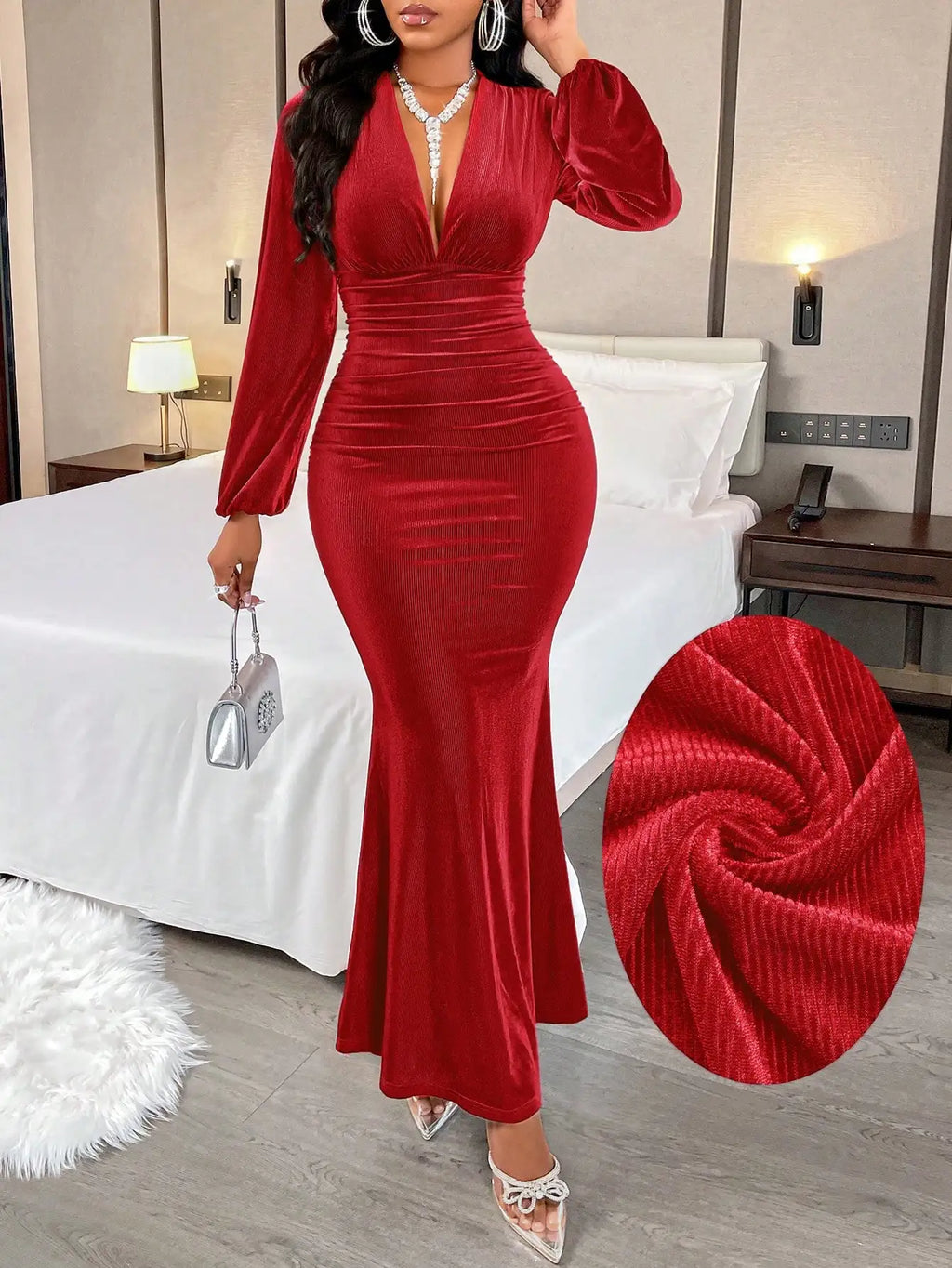 BWQ Women's Autumn & Winter Elegant And Gorgeous Solid Color Texture Fabric Velvet V-Neck Pleated Mermaid Dress For Part