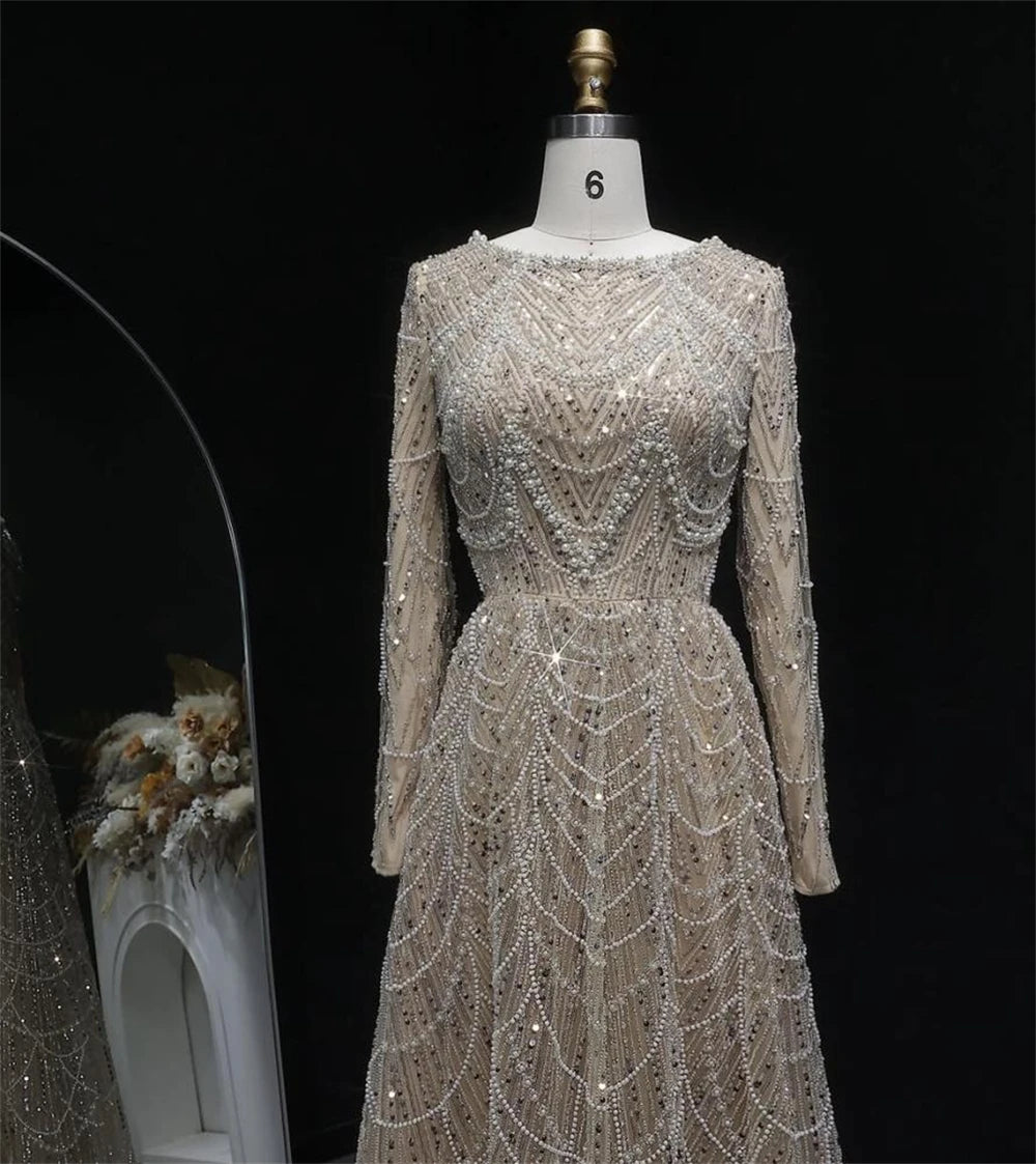 Contessa Custom formal gown elegant beaded tulle evening dress long sleeve boat neck floor length A line glam sparkly pr