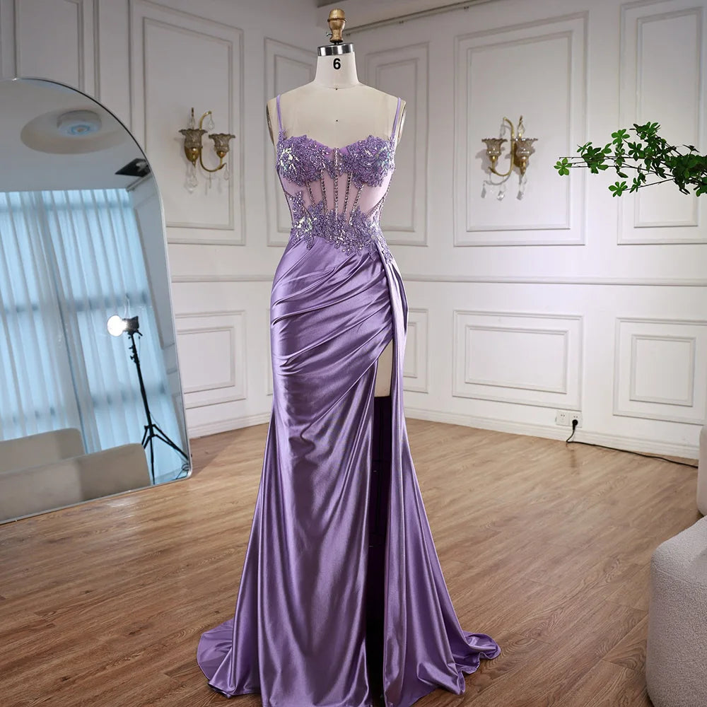 Robe de bal en satin vert menthe luxueuse avec perles et fente LA72995