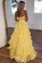 Cathy Strapless Tiered Ruffles A-line Prom Dress A-line Side Split vestidos de noiva Customized Zip Back Chiffon Evening