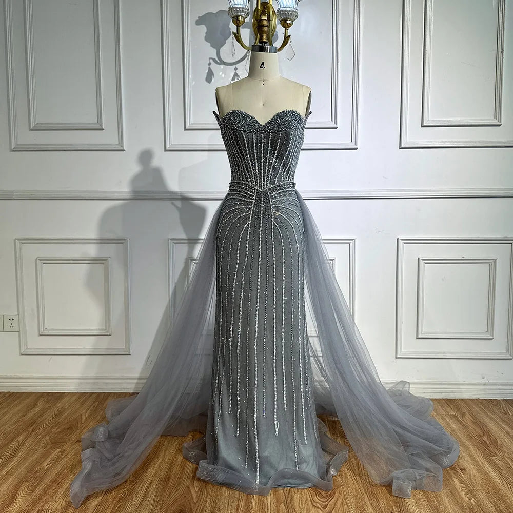 Robe de soirée sirène arabe à perles roses avec sur-jupe LA72811B