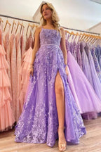 Vestido largo de fiesta en línea A con tirantes finos de lavanda bonita, encaje floral tridimensional