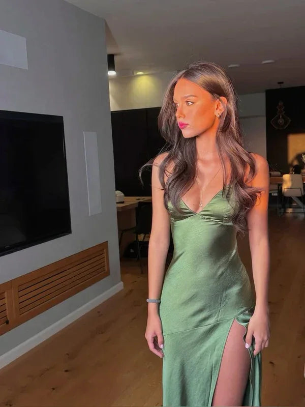 Vestido de Festa Verde com Alças Finas Sensuais, Fenda Longa, Vestido de Noite Y7912
