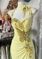 Elegantes gelbes Meerjungfrauen-Kleid mit Neckholder, Pailletten, Diamantbesatz, lang, Ballkleid, rückenfrei, mit Schlitz, Abendkleid Y8554