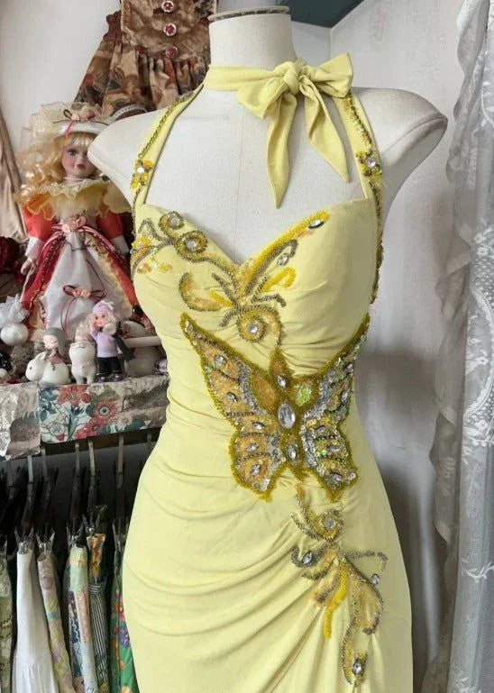 Elegantes gelbes Meerjungfrauen-Kleid mit Neckholder, Pailletten, Diamantbesatz, lang, Ballkleid, rückenfrei, mit Schlitz, Abendkleid Y8554