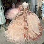 Vestidos de Baile Sweet 16 Quinceanera Cor Rosa Dourado com Aplicações de Lantejoulas Decote Coração Modelo Y401