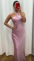 Vestido longo de cetim rosa com alças simples ao pescoço para baile, vestido formal de noite Y8450