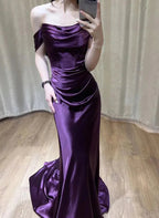 Vestido Longo de Cetim Roxo com Ombros Descobertos para Noite Y7372