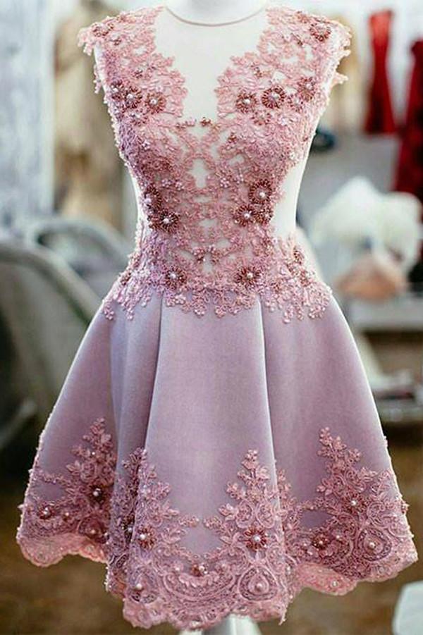 Beautiful Princess Beaded Sheer Homecoming Dress with Appliques, Party Dresses