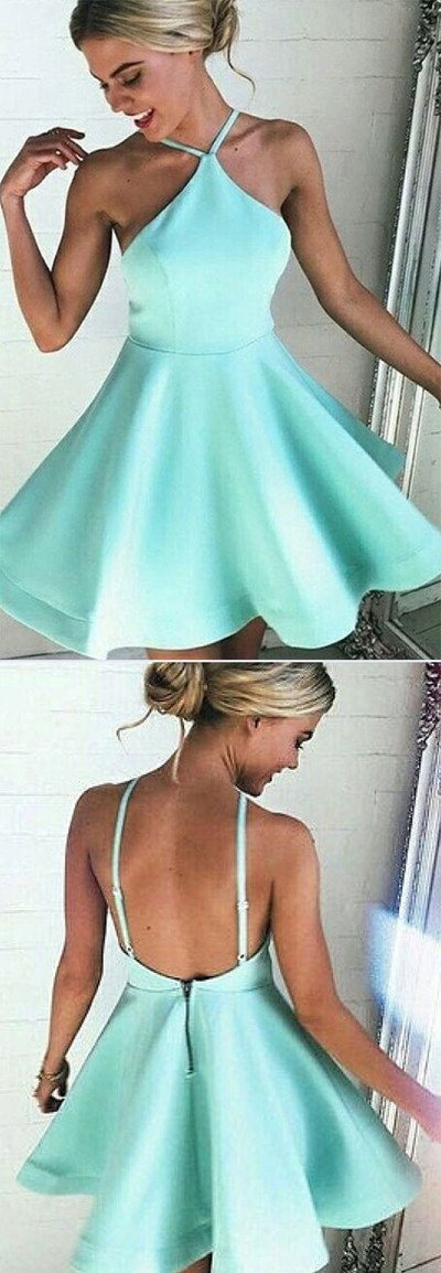 Vestidos de cetim para baile de finalistas com decote halter, corte evasê e costas descobertas, vestido curto para baile