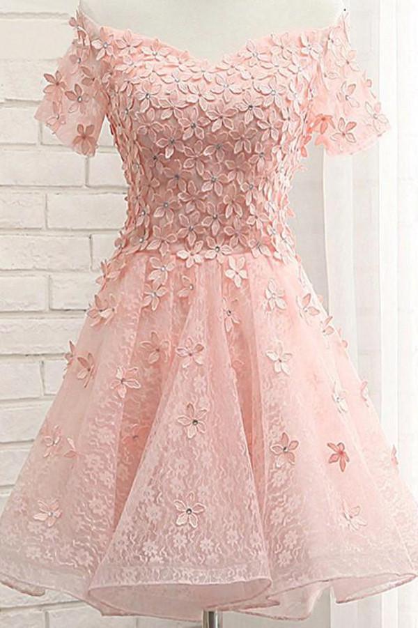 Robes de bal de fin d'année à épaules dénudées en tulle rose avec appliques florales